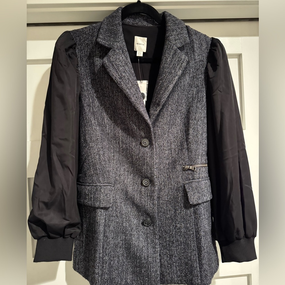 Maeve Black Mixed Media Blazer Tweed and Soft Sleeves
